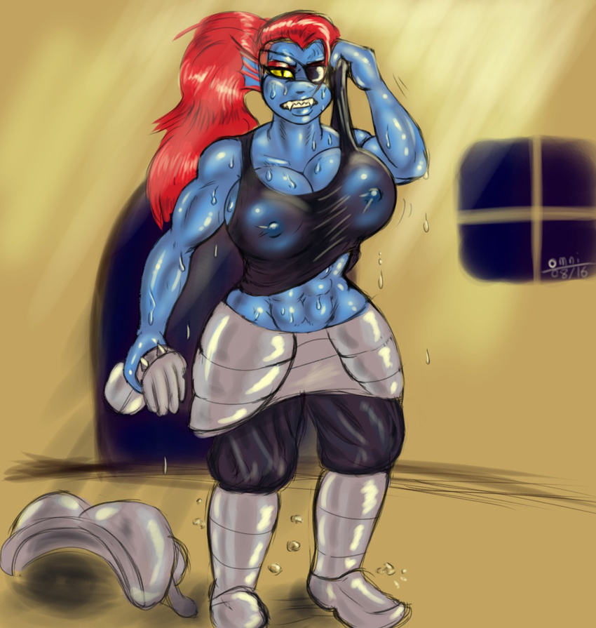 2016 abs anthro areola big_breasts breasts cleavage clothed clothing erect_nipples female fish marine muscular muscular_female nipple_bulge nipples omnishambles_(artist) solo sweat undertale undyne video_games