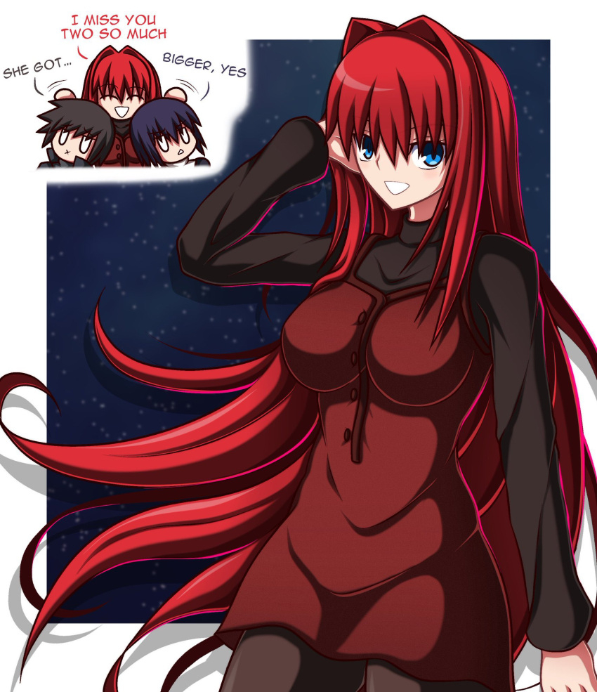 1boy 2girls aozaki_aoko black_hair blue_eyes breasts brown_hair chibi chibi_inset english_text hair_intakes highres kuonji_alice large_breasts long_hair looking_at_viewer mahou_tsukai_no_yoru multiple_girls red_hair shizuki_soujuurou smile sweater tsukihime type-moon very_long_hair zeon132