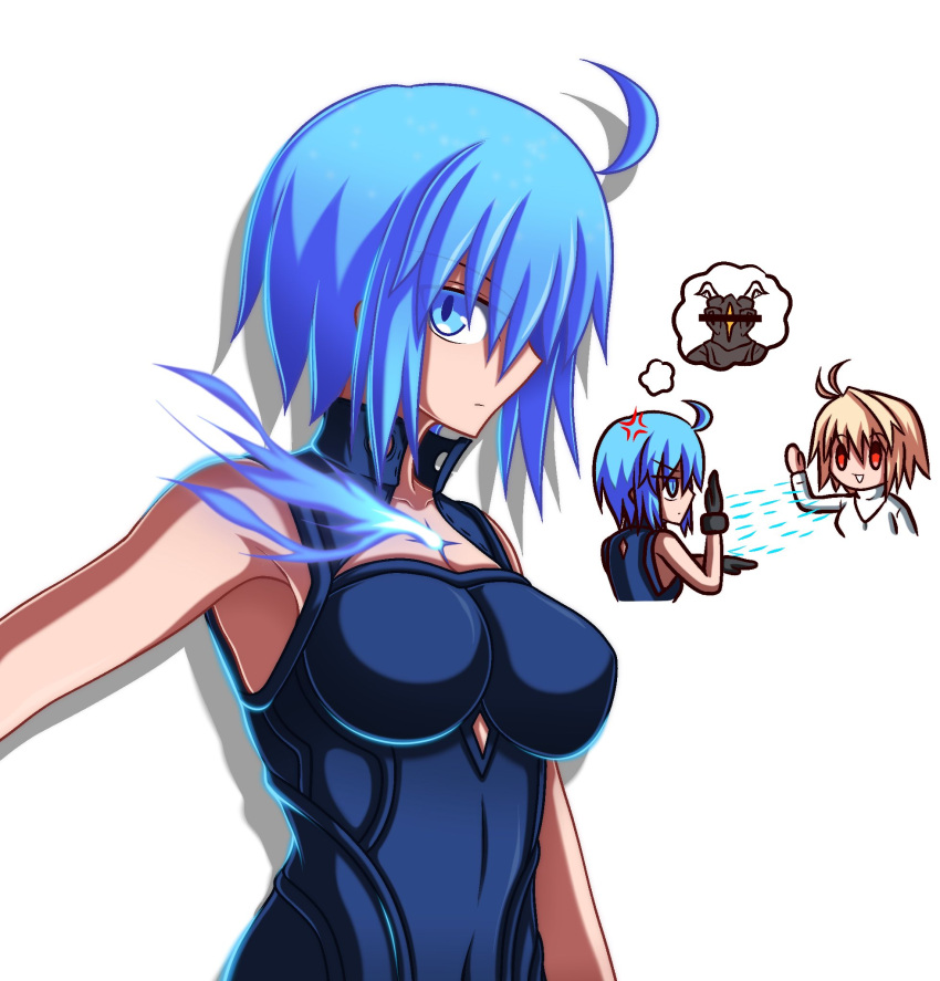 2girls ahoge anger_vein angry antenna_hair arcueid_brunestud armpits blonde_hair blue_eyes blue_hair breasts chibi ciel_(tsukihime) collared_shirt diamond_cutout from_side highres jewelry long_sleeves looking_at_viewer medium_breasts multiple_girls powered_ciel red_eyes shadow shirt short_hair simple_background sleeveless sleeveless_shirt smile sweater tsukihime tsukihime_(remake) turtleneck waving white_background zeon132