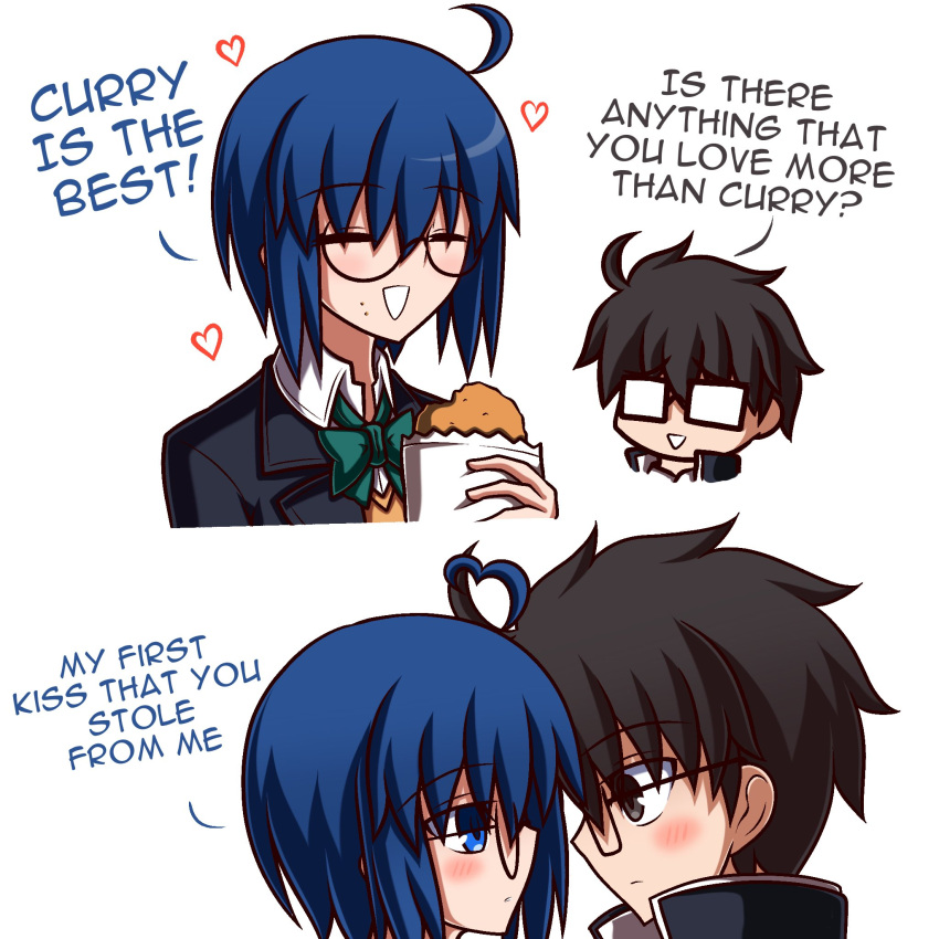 1boy 1girl black_hair blue_eyes blue_hair blush ciel_(tsukihime) eating english_text glasses heart hetero highres jacket long_sleeves round_eyewear school_uniform short_hair sweater tohno_shiki tsukihime tsukihime_(remake) zeon132