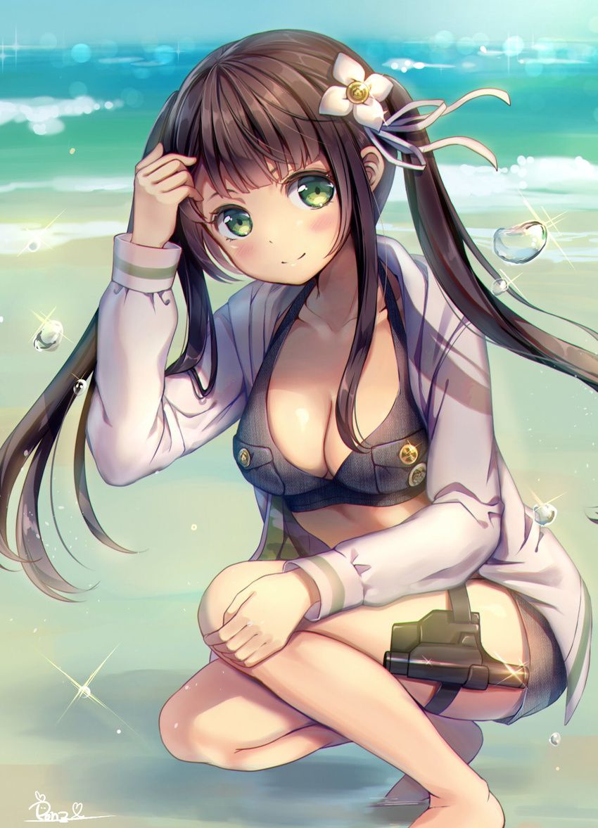 artist_name bangs barefoot beach bikini_top blue_sky blunt_bangs blush breasts brown_hair buttons cleavage closed_mouth collarbone commentary_request day diffraction_spikes flower gochuumon_wa_usagi_desu_ka? green_eyes hair_flower hair_ornament hair_tousle halter_top halterneck highres holster jacket long_hair long_sleeves looking_at_viewer medium_breasts mitsuki_ponzu ocean outdoors pocket ribbon sand short_shorts shorts sidelocks signature sky smile solo squatting thigh_holster twintails ujimatsu_chiya water_drop white_jacket white_ribbon
