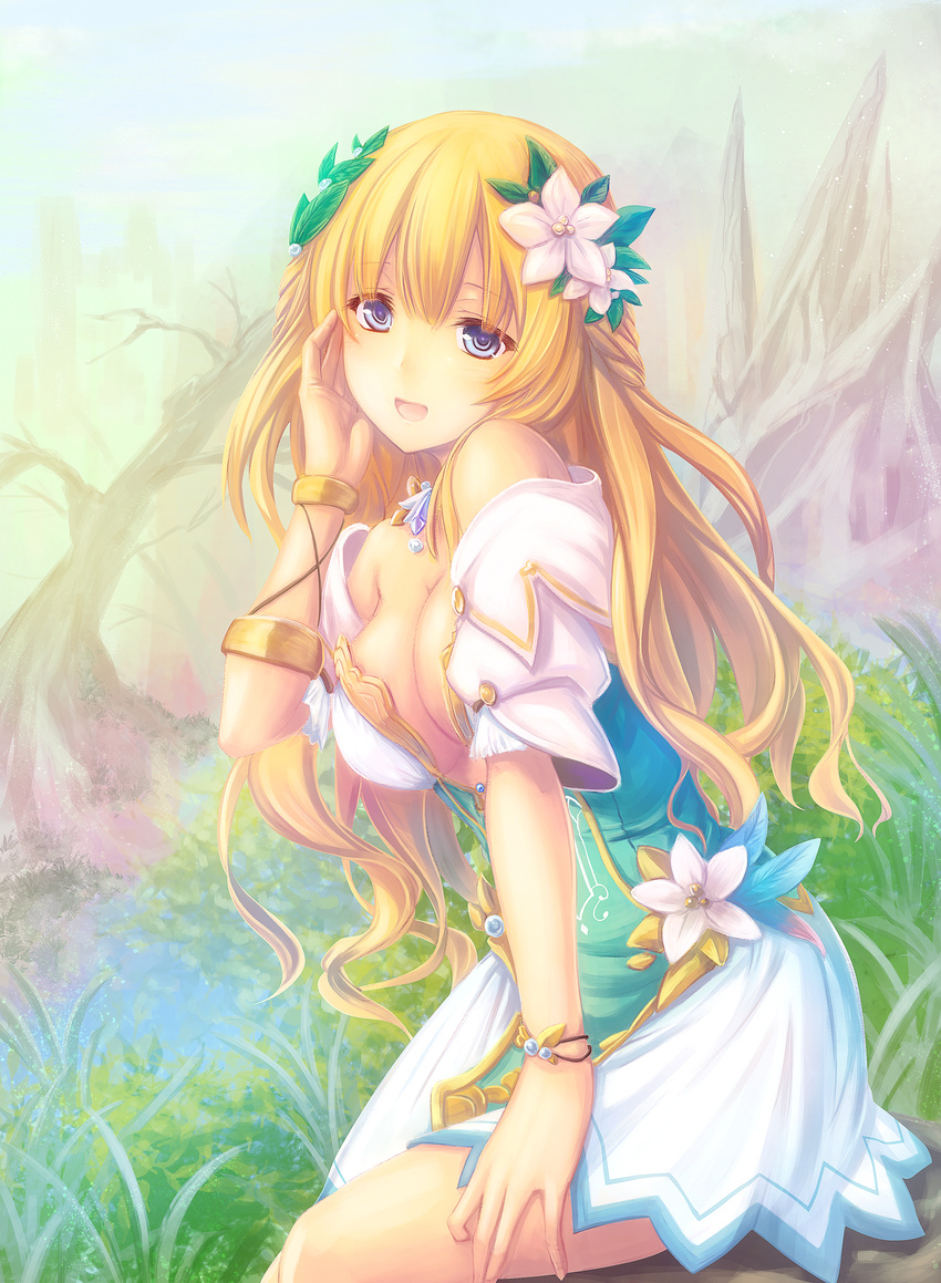 :d bare_shoulders blonde_hair blue_eyes blush bracelet breasts cleavage commentary_request dress flower four_goddesses_online:_cyber_dimension_neptune from_side green_dress hair_flower hair_ornament highres jewelry large_breasts long_hair looking_at_viewer looking_to_the_side neptune_(series) off_shoulder open_mouth puffy_short_sleeves puffy_sleeves short_sleeves sitting smile solo tenmaso vert very_long_hair