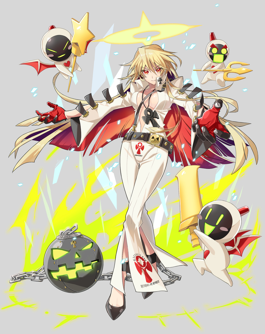 &gt;:) 1girl 4_(ym1129) :o ankh ball_and_chain_restraint bangs bellbottoms belt belt_buckle black_belt black_footwear black_gloves blunt_ends blush_stickers bodysuit breasts breasts_apart buckle center_opening chain cleavage clothes_writing crossed_legs demon demon_wings emblem eyebrows_visible_through_hair facial_mark floating forehead_mark foreshortening full_body furrowed_eyebrows gloves glowing glowing_eyes glowing_mouth green_eyes grey_background guilty_gear guilty_gear_xrd hair_between_eyes half-closed_eyes halo heart high_heels highres holding holding_staff holding_sword holding_weapon jack-o'_valentine jewelry knight_servant lancer_servant light_smile long_hair long_sleeves looking_at_viewer loose_belt magic magic_circle magician_servant medium_breasts multicolored multicolored_clothes multicolored_gloves multicolored_hair necklace no_bra open_clothes open_mouth outstretched_arms parted_lips pendant polearm popped_collar puffy_long_sleeves puffy_sleeves red_eyes red_gloves red_hair shards shoes simple_background smile smiley_face spread_arms staff standing star straight_hair strap strappy_heels studded_belt sword thigh_gap trident two-tone_hair unzipped v-shaped_eyebrows very_long_hair weapon white_bodysuit white_hair wide-eyed wide_sleeves wings
