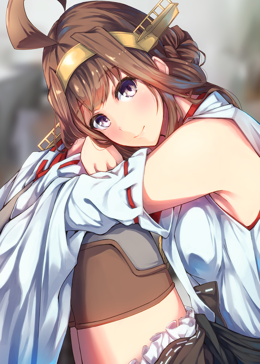 ahoge bare_shoulders black_skirt blurry blurry_background boots brown_hair detached_sleeves double_bun hairband headgear highres japanese_clothes kantai_collection kongou_(kantai_collection) konkito long_hair nontraditional_miko purple_eyes ribbon-trimmed_sleeves ribbon_trim skirt smile solo thigh_boots thighhighs wide_sleeves
