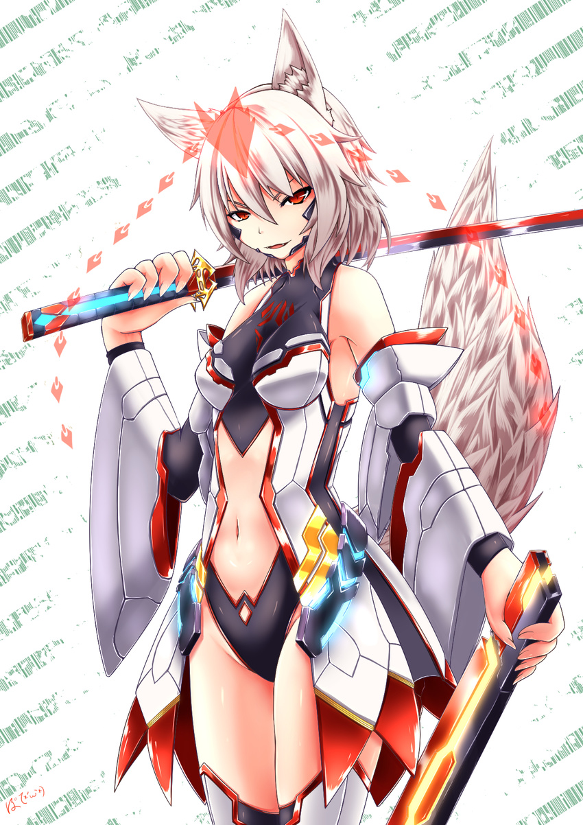 adapted_costume alternate_costume animal_ears bangs bare_shoulders breasts cowboy_shot detached_sleeves fangs glowing hair_between_eyes highres holding holding_sword holding_weapon inubashiri_momiji inyuppo katana looking_at_viewer navel open_mouth orange_eyes over_shoulder patterned_background science_fiction shiny shiny_clothes shiny_skin short_hair signature slit_pupils small_breasts smile solo sword tail thighs touhou unsheathed weapon weapon_over_shoulder white_background wide_sleeves wolf_ears wolf_tail