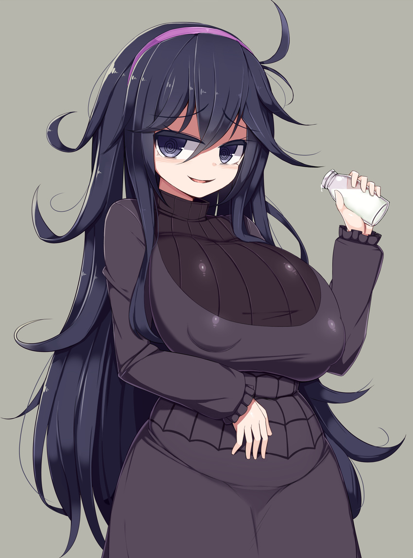 @_@ absurdres ahoge belly black_hair bottle breasts dress eyebrows_visible_through_hair fat_folds hairband hand_on_own_stomach hex_maniac_(pokemon) highres huge_breasts long_hair looking_at_viewer messy_hair milk milk_bottle plump pokemon pokemon_(game) pokemon_xy purple_eyes purple_hairband sawati smile solo