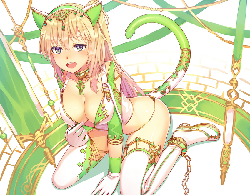 animal_ears ankle_cuffs arm_support bdsm blonde_hair blush boots breasts cat_ears cat_tail chain cleavage collar detached_sleeves fake_animal_ears fake_tail from_above gloves green_eyes green_hairband hairband kibanda_gohan large_breasts long_hair looking_at_viewer looking_up one_side_up open_mouth original simple_background sitting smile solo tail thigh_boots thighhighs wariza white_gloves white_legwear