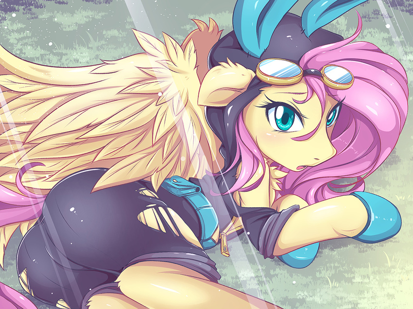 2017 clothed clothing equine eyewear feathered_wings feathers female feral fluttershy_(mlp) friendship_is_magic hair jinzhan long_hair mammal my_little_pony open_mouth pegasus solo torn_clothing wings