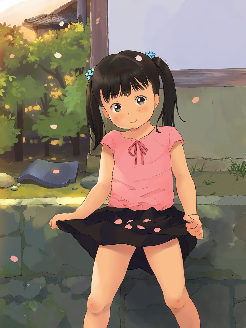 absurdres anyannko black_eyes black_hair blush building cherry_blossoms child flower hair_flower hair_ornament head_tilt highres long_hair looking_at_viewer original outdoors petals skirt skirt_basket smile solo standing twintails