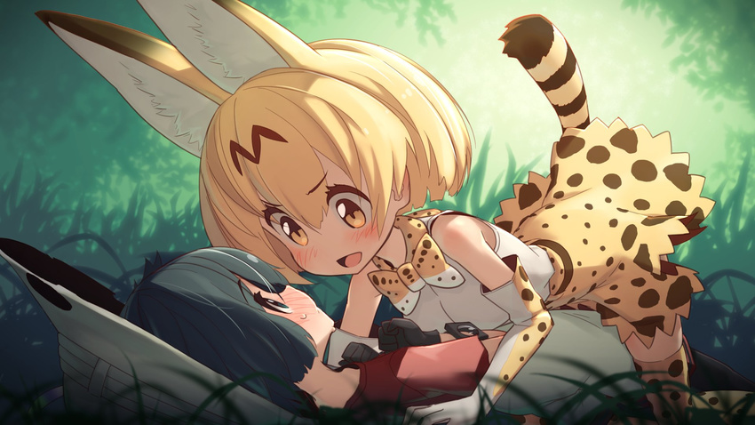 :d all_fours animal_ears bare_shoulders black_eyes black_gloves black_hair blonde_hair blush bow bowtie closed_mouth commentary_request elbow_gloves eye_contact girl_on_top gloves grass hat highres kaban_(kemono_friends) kemono_friends looking_at_another lying multiple_girls on_back open_mouth pantyhose red_shirt serval_(kemono_friends) serval_ears serval_print serval_tail shirt short_hair short_sleeves sleeveless smile sweat tail thighhighs yamadori_enka yellow_eyes yuri