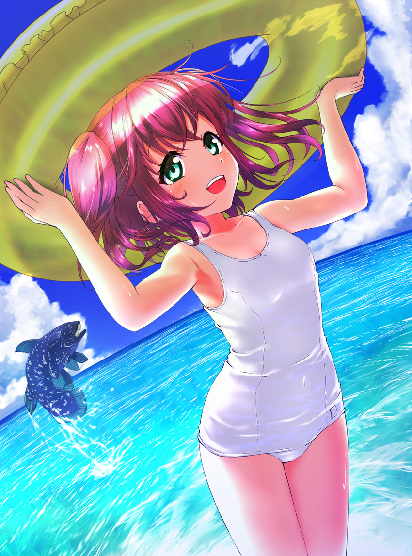aqua_eyes cloud coelacanth cowboy_shot day fish fisheye highres hkn_(ringya) horizon innertube kurosawa_ruby long_hair love_live! love_live!_sunshine!! old_school_swimsuit one-piece_swimsuit open_mouth outdoors red_hair school_swimsuit solo standing swimsuit two_side_up upper_teeth water white_school_swimsuit white_swimsuit