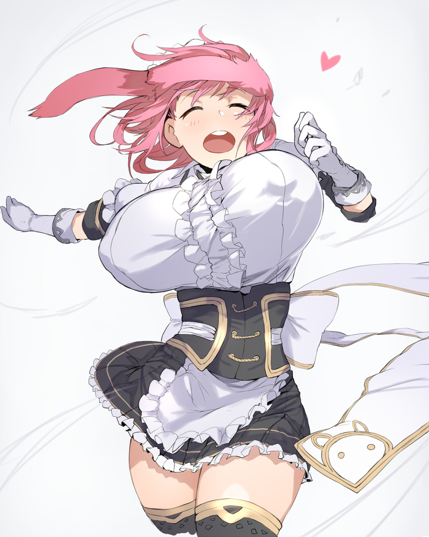 animal_ears breasts bunny_ears closed_eyes commentary_request corset cowboy_shot extra_ears frilled_skirt frills ganesagi heart highres huge_breasts miniskirt momo_(ganesagi) open_mouth original pink_hair round_teeth simple_background skirt solo teeth thighs wind