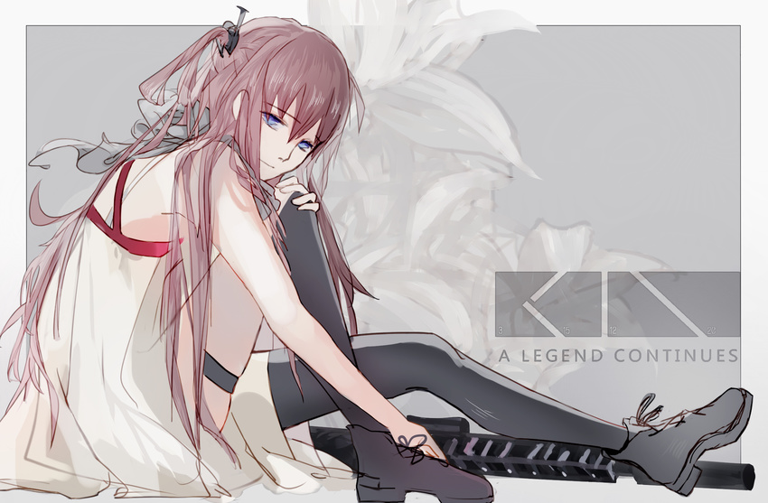 ar-15 blue_eyes boots dress from_side girls_frontline gun hair_ornament hand_on_own_knee highres lanxee light_brown_hair long_hair looking_at_viewer rifle single_thighhigh sitting solo st_ar-15_(girls_frontline) thighhighs weapon white_dress