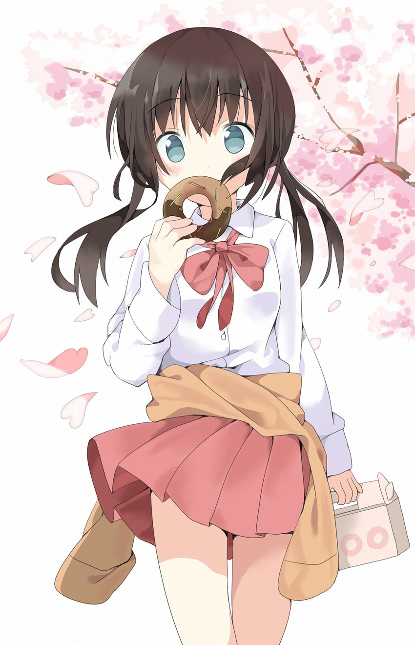 bangs black_hair blouse blue_eyes blush cherry_blossoms closed_mouth clothes_around_waist covered_mouth cowboy_shot doughnut eyebrows_visible_through_hair food hand_up highres holding holding_food long_hair long_sleeves looking_at_viewer low_twintails lunchbox original outdoors petals pleated_skirt red_skirt skirt smile solo sweater_around_waist tantan_men_(dragon) thighs twintails white_blouse wind wind_lift