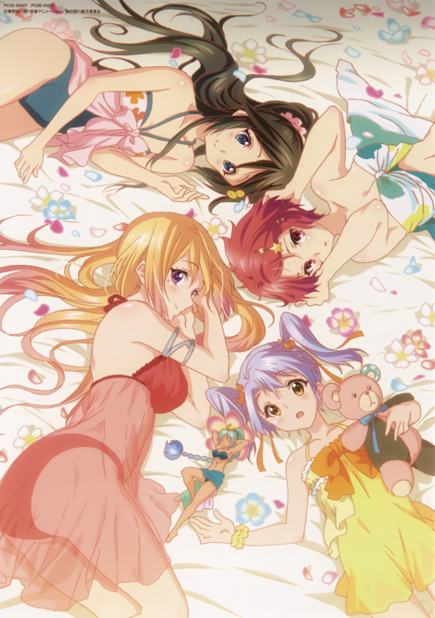 ass bikini bra breasts camisole cleavage highres izumi_reina kawakami_mai kumamakura_kurumi lingerie long_hair lying medium_breasts minase_koito multiple_girls musaigen_no_phantom_world official_art panties red_bra red_panties ruru_(phantom_world) scan short_hair small_breasts swimsuit twintails underwear