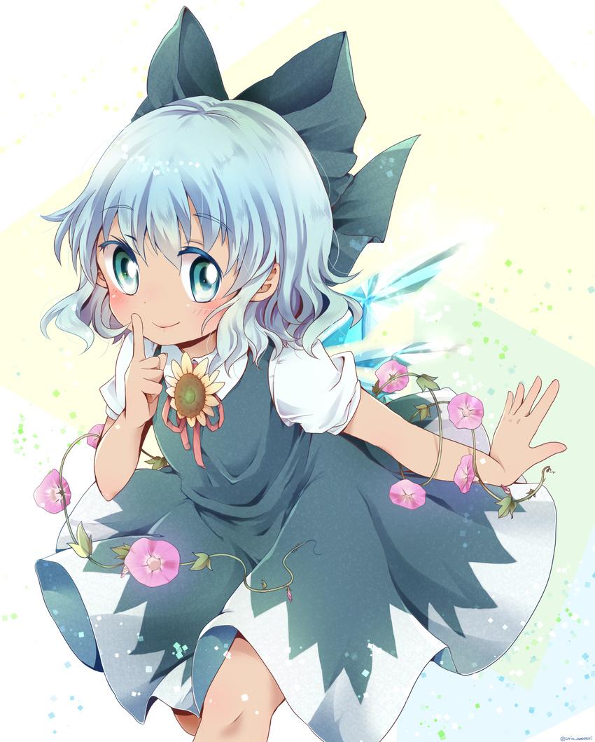 absurdres bangs blue_bow blue_dress blue_eyes blue_hair blush bow cirno dress eyebrows eyebrows_visible_through_hair finger_to_cheek flower hair_between_eyes hair_bow hidden_star_in_four_seasons highres ice ice_wings kuromame_(8gou) leaf looking_at_viewer plant short_hair short_sleeves smile solo sunflower tan tanned_cirno touhou vines wings