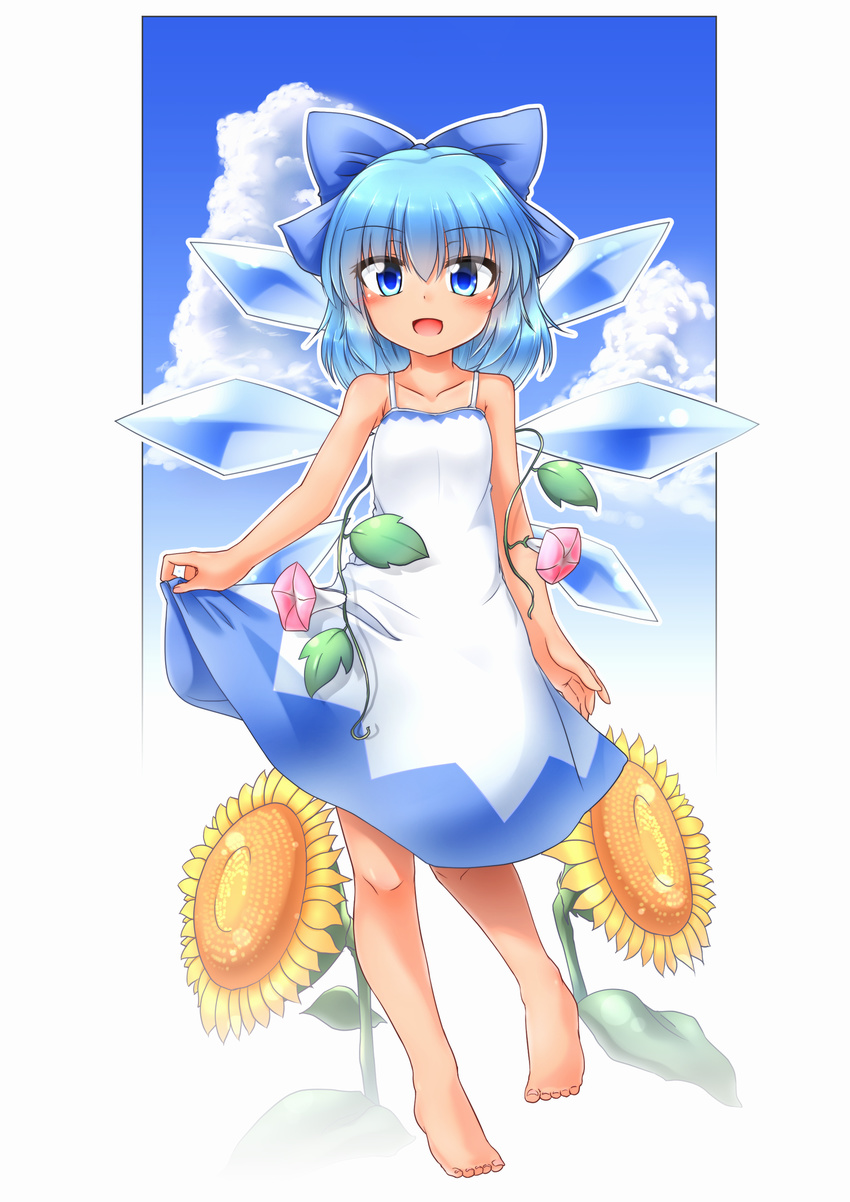 bangs barefoot blue_eyes blue_hair blush bow cirno cloud day dress eyebrows eyebrows_visible_through_hair flower hair_between_eyes hair_bow hidden_star_in_four_seasons highres ice ice_wings leaf looking_at_viewer m9kndi open_mouth plant short_hair sky solo sundress sunflower tan tanned_cirno touhou vines white_dress wings