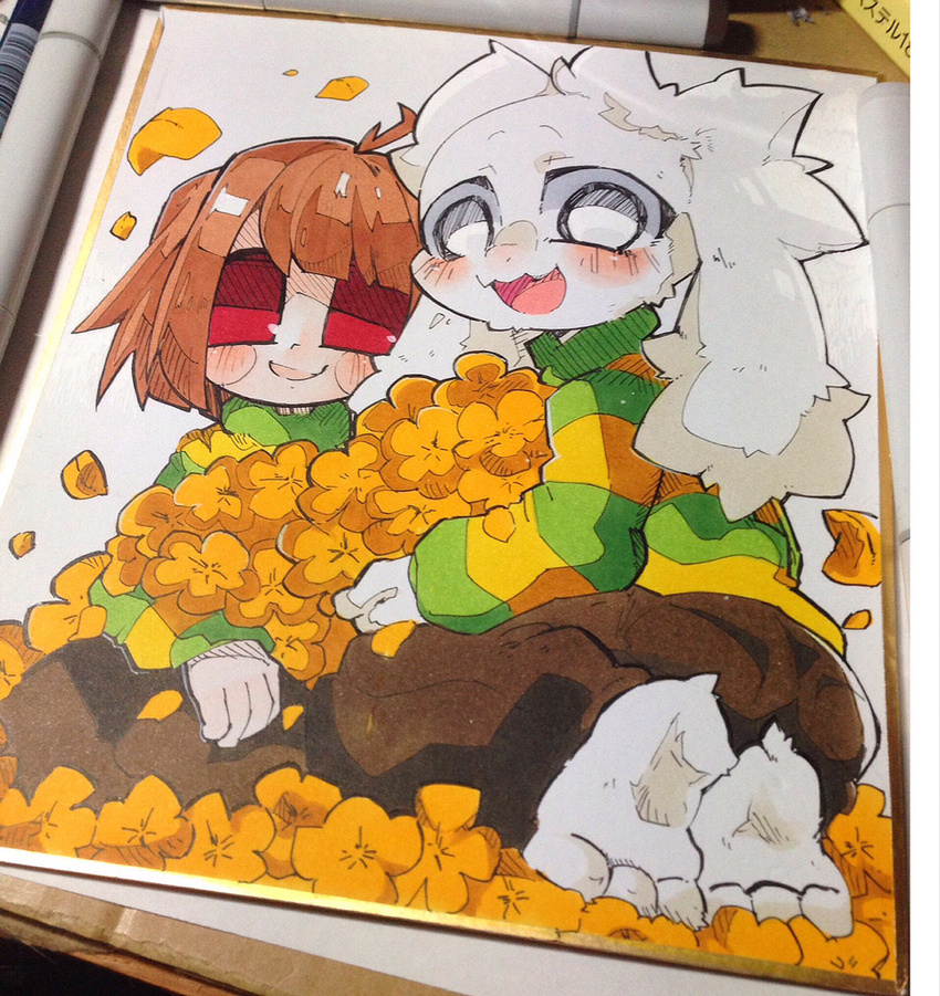 :d androgynous asriel_dreemurr barefoot blush blush_stickers brown_hair brown_pants chara_(undertale) flower fluffy g_perarikku highres kneeling monster_boy open_mouth pants red_eyes shikishi short_hair smile striped striped_sweater sweater traditional_media undertale white_eyes