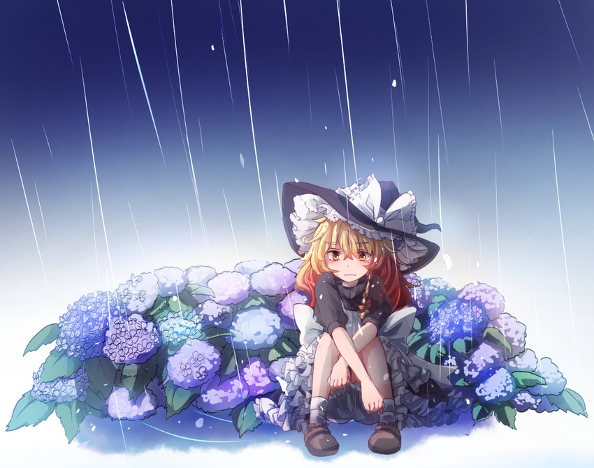 apron bloomers commentary dress flower frown hat hydrangea kirisame_marisa long_hair petticoat rain sad shoes sitting socks solo tears thick_eyebrows tigern touhou underwear wavy_hair witch_hat
