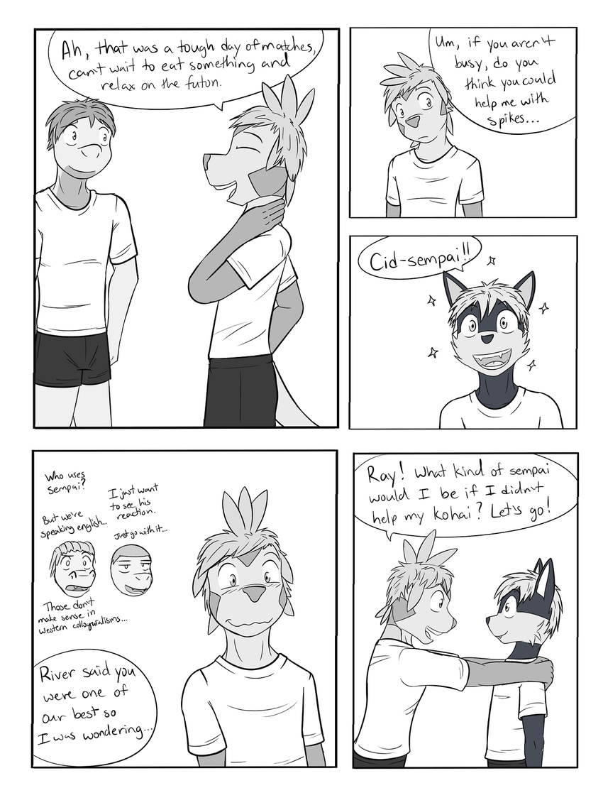 anthro blush charmander chespin clothing comic dialogue fuze litten male nintendo pok&eacute;mon simple_background sport star text totodile treecko video_games volleyball