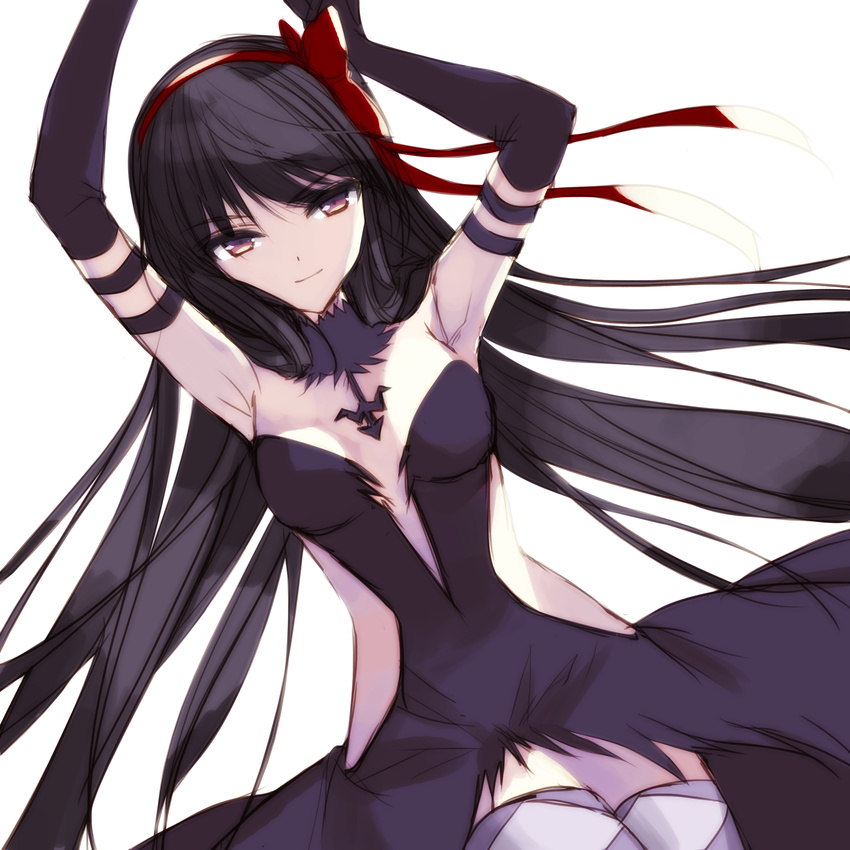 1girl akemi_homura akuma_homura asymmetrical_legwear black_clothes black_dress black_hair bows dress gloves hair_bow headband light_background long_gloves long_hair mahou_shoujo_madoka_magica misteor purple_eyes sidelocks simple_background smile solo thighhighs white_background zettai_ryouiki