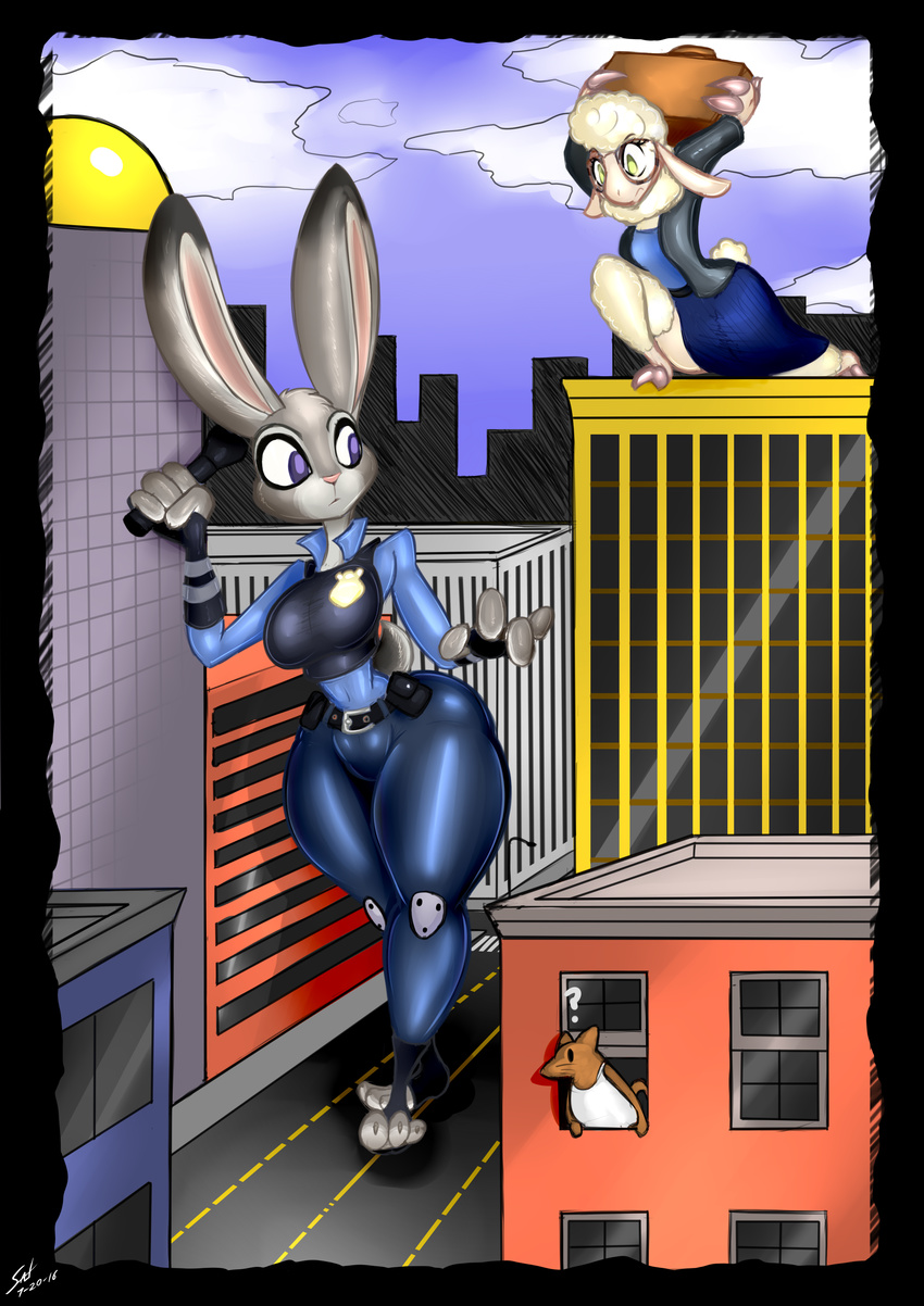 2016 ? anthro breasts caprine city clothed clothing comic dawn_bellwether digital_media_(artwork) disney duo eyewear female glasses hi_res judy_hopps lagomorph mammal micro rabbit saliant sheep skimpy thick_thighs uniform zootopia