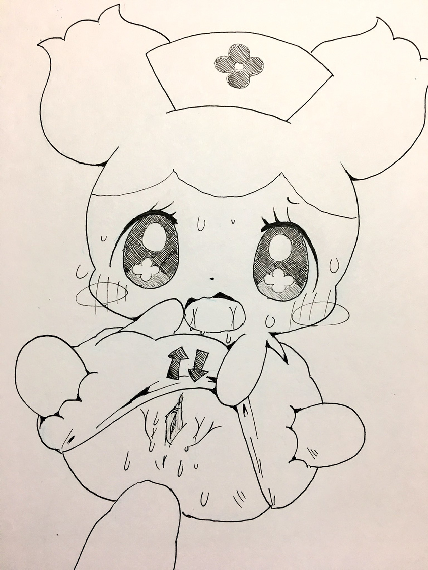 2017 anthro anus black_and_white blush butt clothing cocotama eyelashes featureless_limbs female hair hat himitsu_no_cocotama hotnee_(cocotama) monochrome nurse_hat open_mouth panties panties_down pussy saliva simple_background sketch solo spread_legs spreading sweat tatwuyan traditional_media_(artwork) underwear white_background