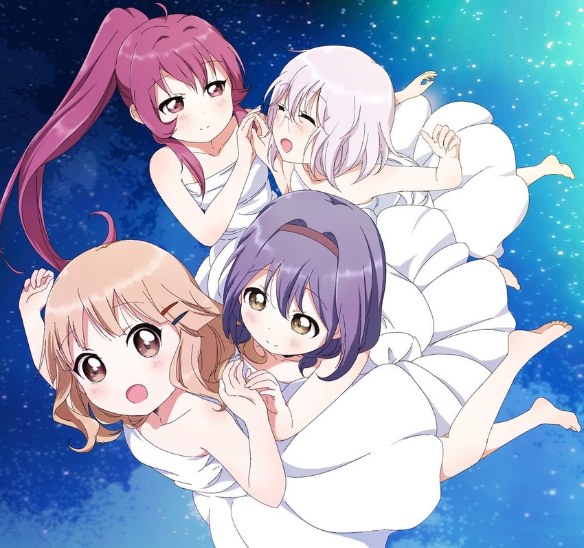 :d ^_^ ahoge bare_shoulders barefoot blonde_hair blue_hair brown_eyes closed_eyes collarbone dress fang full_body furutani_himawari grey_hair hair_intakes hair_ornament hairband hairclip highres ikeda_chitose kamiki_uutarou multiple_girls oomuro_sakurako open_mouth ponytail purple_eyes purple_hair revision smile star_(sky) sugiura_ayano toes white_dress yuru_yuri