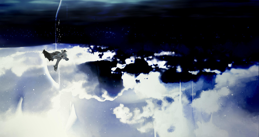 above_clouds aura barefoot cloud cloudy_sky commentary dress face_in_hands flandre_scarlet floating frilled_skirt frills hair_ribbon hat highres legs_up light_particles monochrome night night_sky no_wings outdoors ribbon shirt short_hair short_sleeves side_ponytail skirt skirt_lift sky solo star_(sky) starry_sky touhou vest yoshioka_yoshiko