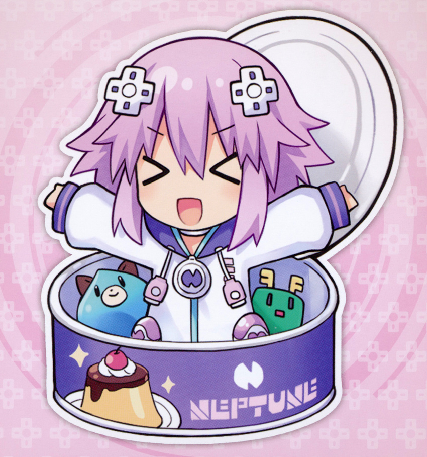 &gt;_&lt; absurdres can character_name closed_eyes d-pad d-pad_hair_ornament dogoo hair_ornament highres neptune_(choujigen_game_neptune) neptune_(series) official_art one_eye_closed purple_hair short_hair smile solo tsunako