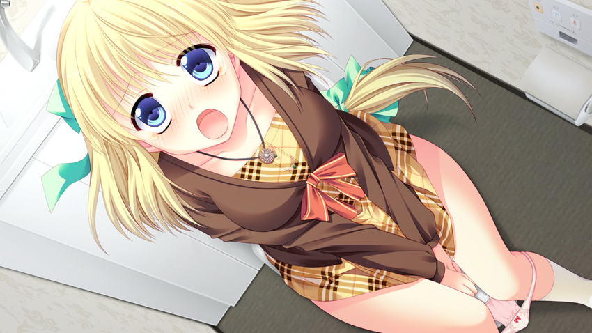 ayamisiro between_legs blonde_hair blue_eyes blush bow breasts brown_jacket covering covering_crotch dress embarrassed game_cg green_ribbon hair_ribbon hand_between_legs jacket jewelry knees_together_feet_apart long_hair looking_at_viewer love-ressive medium_breasts necklace open_mouth otonashi_ophilia_reo panties panty_pull pink_panties plaid plaid_dress ponytail red_bow ribbon sitting solo surprised tears toilet toilet_paper toilet_use underwear