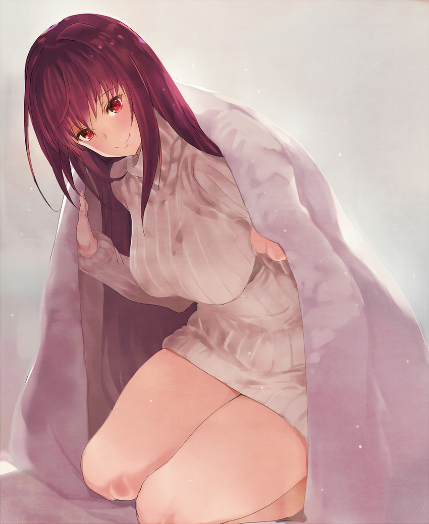 bangs bare_legs blanket breasts closed_mouth fate/grand_order fate_(series) highres kneeling large_breasts leaning_forward legs_together long_hair looking_at_viewer red_eyes red_hair ribbed_sweater scathach_(fate)_(all) scathach_(fate/grand_order) simple_background smile solo sweater tokopi turtleneck turtleneck_sweater white_sweater