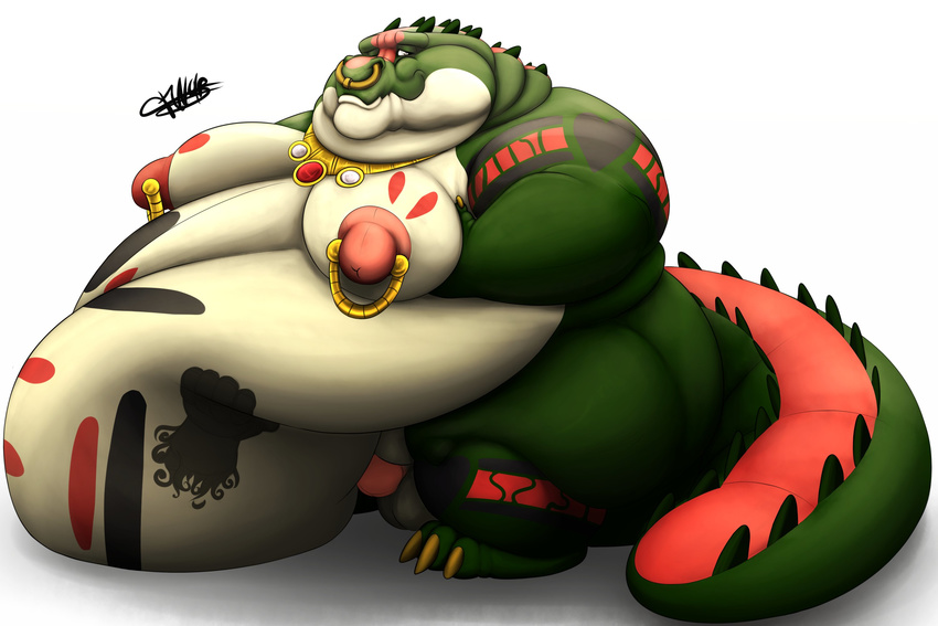 2016 alligator anthro balls belly belly_overhang big_belly big_nipples crocodile crocodilian disembodied_hand galvinwolf male moobs nipples obese overweight penis phantom_hand piercing reptile scalie simple_background thick_tail tribal white_background