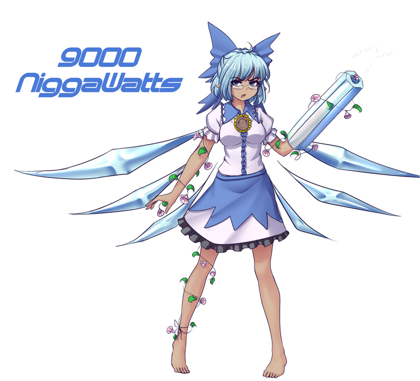 :o adapted_costume arm_cannon bangs barefoot bespectacled blue_bow blue_eyes blue_hair blue_skirt bow breasts cirno commentary dress_shirt english_commentary flower frilled_shirt_collar frills full_body fusion glasses hair_bow hater_(hatater) hidden_star_in_four_seasons highres ice ice_wings looking_at_viewer medium_breasts morning_glory over_9000 puffy_short_sleeves puffy_sleeves reiuji_utsuho shirt short_hair short_sleeves skirt solo standing sunflower tan tanned_cirno touhou v-shaped_eyebrows weapon white_shirt wings