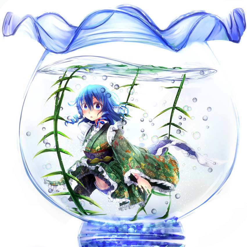 air_bubble blue_eyes blue_hair bubble drill_hair fishbowl frilled_kimono frills full_body green_kimono hair_between_eyes head_fins highres in_container japanese_clothes kimono long_sleeves looking_at_viewer mermaid midriff_peek monster_girl obi open_mouth pops ringlets sash scales seaweed solo submerged surprised touhou triangle_mouth twin_drills wakasagihime water white_background wide_sleeves