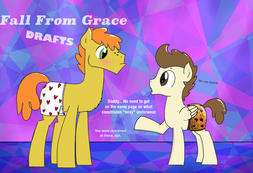 age_difference aged_up boxer_briefs boxers_(clothing) carrot_cake clothing fall_from_grace father father_and_son friendship_is_magic implied incest killian_joy male male/male my_little_pony parent pound_cake_(mlp) son underwear