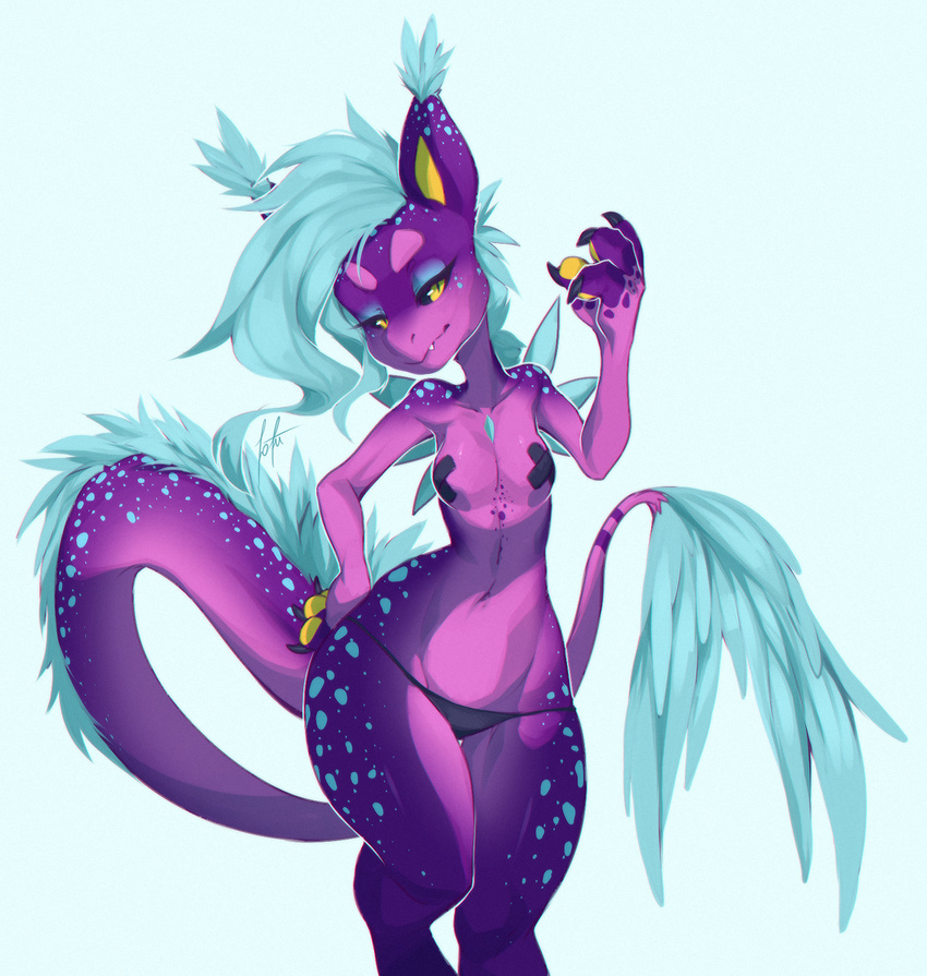 2017 anthro blue_fur blue_hair breasts claws clothed clothing dragon female fur furred_dragon hair multicolored_skin navel panties purple_skin simple_background solo spots spotted_skin tofu93 underwear yellow_eyes