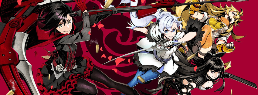 alternate_costume belt black_hair blake_belladonna blonde_hair blue_legwear breasts cleavage corset crescent_rose ember_celica_(rwby) gambol_shroud gloves highres holding holding_sword holding_weapon jacket left-handed medium_breasts miwa_shirou multiple_girls myrtenaster official_art petals rose_background ruby_rose rwby shell_casing sword weapon weiss_schnee white_hair yang_xiao_long