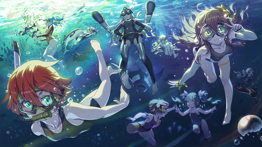 air_bubble aqua_hair arm_warmers blonde_hair blue_hair breasts breath brown_hair bubble diving diving_mask diving_mask_on_eyes dolphin elbow_gloves fish freediving garter_belt gloves green_eyes highres holding_breath holding_hands jellyfish long_hair looking_at_viewer madyy multiple_girls one-piece_swimsuit red_eyes red_hair short_hair small_breasts snorkel snorkel_in_mouth stingray submerged swimming swimsuit thigh_strap thighhighs torpedo twintails underwater v warship_hime wrist_cuffs yellow_eyes