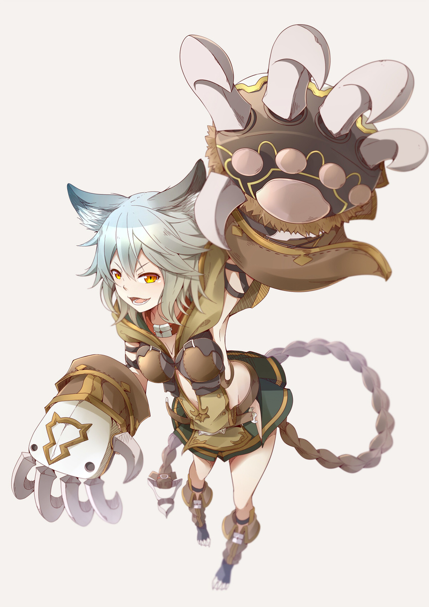 animal_ears bangs breasts claw_(weapon) claws collar erune fangs gloves granblue_fantasy groin hair_between_eyes highres long_hair looking_at_viewer masabodo medium_breasts midriff navel open_mouth red_eyes sen_(granblue_fantasy) silver_hair simple_background skirt smile solo weapon