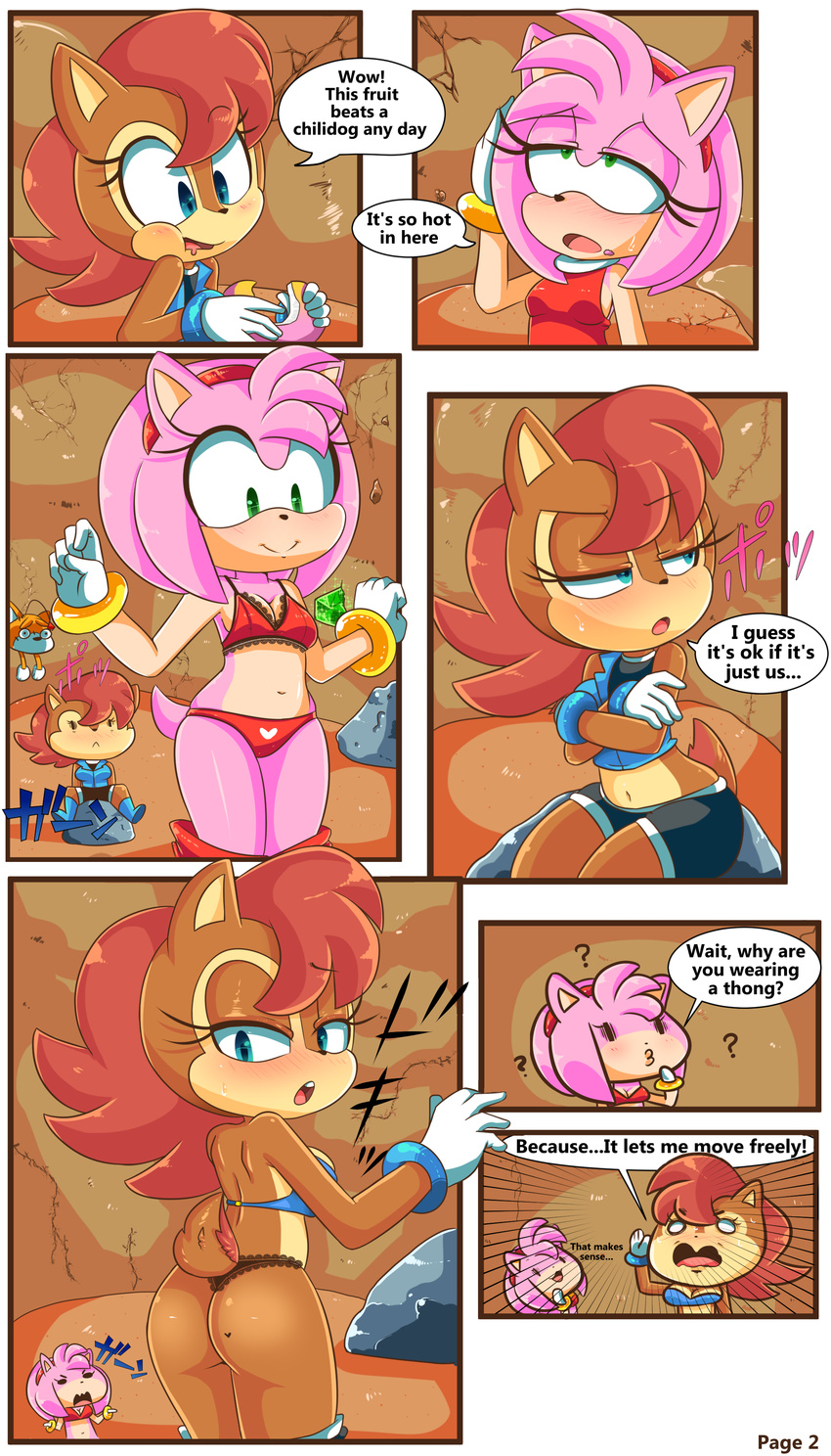 &lt;3 2017 amy_rose anthro breasts brown_fur chipmunk cleavage clothed clothing duo female fur hair hearlesssoul hedgehog mammal navel panties pink_hair red_hair rodent sally_acorn sonic_(series) tails_doll thong underwear undressing