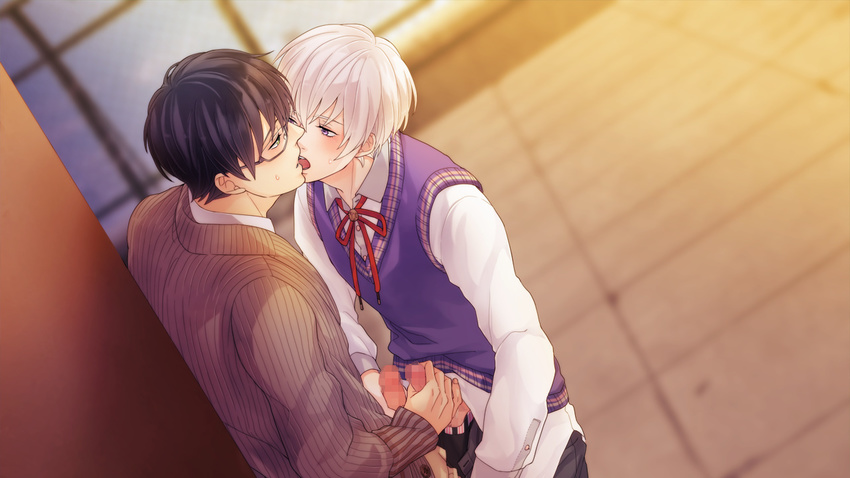 azumi_(kami-sama_(kari)) black_hair blue_sweater blurry blurry_background brown_jacket censored eye_contact french_kiss game_cg glasses green_eyes handjob ikuta_shuuichi jacket kami-sama_(kari) kiss looking_at_another male_focus mosaic_censoring multiple_boys multiple_penises mutual_masturbation open_fly otogi_yougi outdoors penis purple_eyes semi-rimless_eyewear shirt short_hair striped_jacket sweatdrop sweater tongue tongue_out unbuttoned unbuttoned_pants underwear white_hair white_shirt yaoi