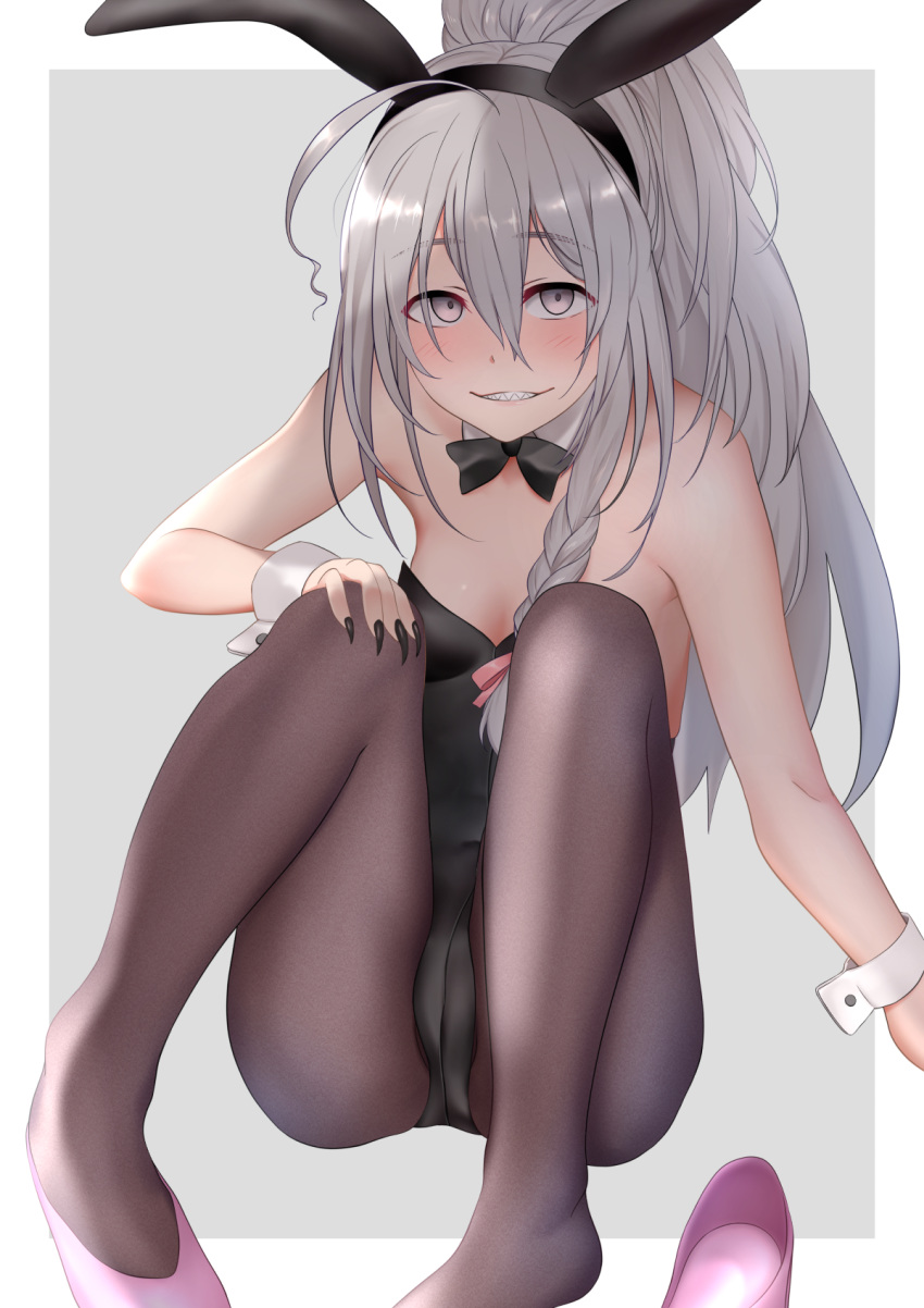 ahoge animal_ears black_legwear bow bowtie braid bunny_day bunny_ears bunny_girl bunnysuit collar cuffs fangs gobi_(sobmobink) grey_eyes grey_hair grin highres hoshi_shouko idolmaster idolmaster_cinderella_girls long_hair pantyhose smile