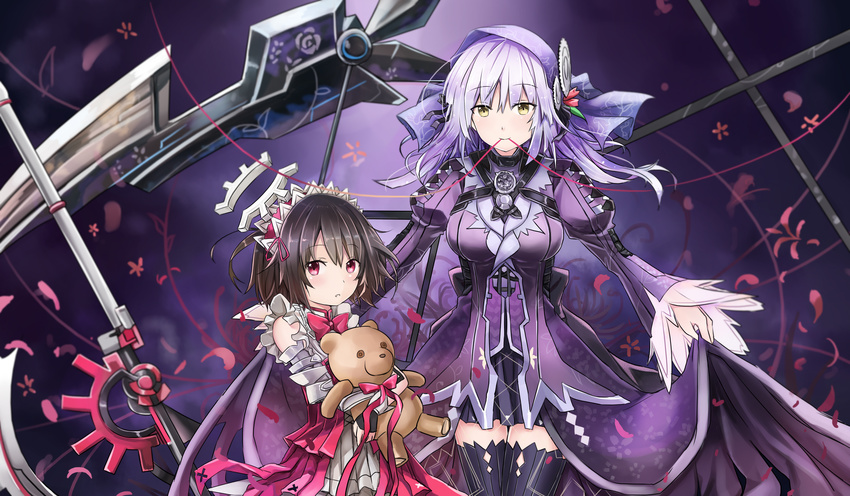 absurdres anchor_(clockwork_planet) axe bangs black_hair black_legwear bow bowtie clockwork_planet cowboy_shot detached_sleeves doll_hug dress dress_lift feather-trimmed_sleeves frills hair_ornament height_difference highres huge_weapon jeffrey10 juliet_sleeves lifted_by_self long_hair long_sleeves maid_headdress mouth_hold multiple_girls parted_lips petals pink_eyes puffy_sleeves purple_dress red_bow red_dress red_neckwear red_string ryuzu_(clockwork_planet) scythe short_hair silver_hair string stuffed_animal stuffed_toy teddy_bear thighhighs veil weapon yellow_eyes