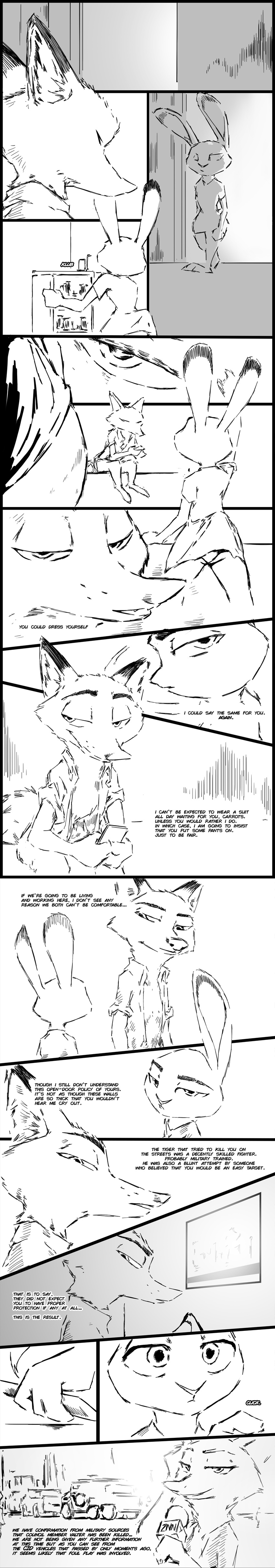 2017 absurd_res anthro black_and_white canine clothed clothing comic dialogue disney english_text female fox group hi_res judy_hopps lagomorph male mammal monochrome nick_wilde rabbit superabsurd_res text thewyvernsweaver zootopia