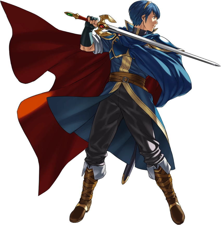 armor belt blue_hair boots cape falchion_(fire_emblem) fingerless_gloves fire_emblem fire_emblem:_monshou_no_nazo fire_emblem_heroes full_body gloves highres holding holding_weapon knee_boots kozaki_yuusuke male_focus marth official_art pants sleeves_rolled_up solo sword tiara transparent_background weapon