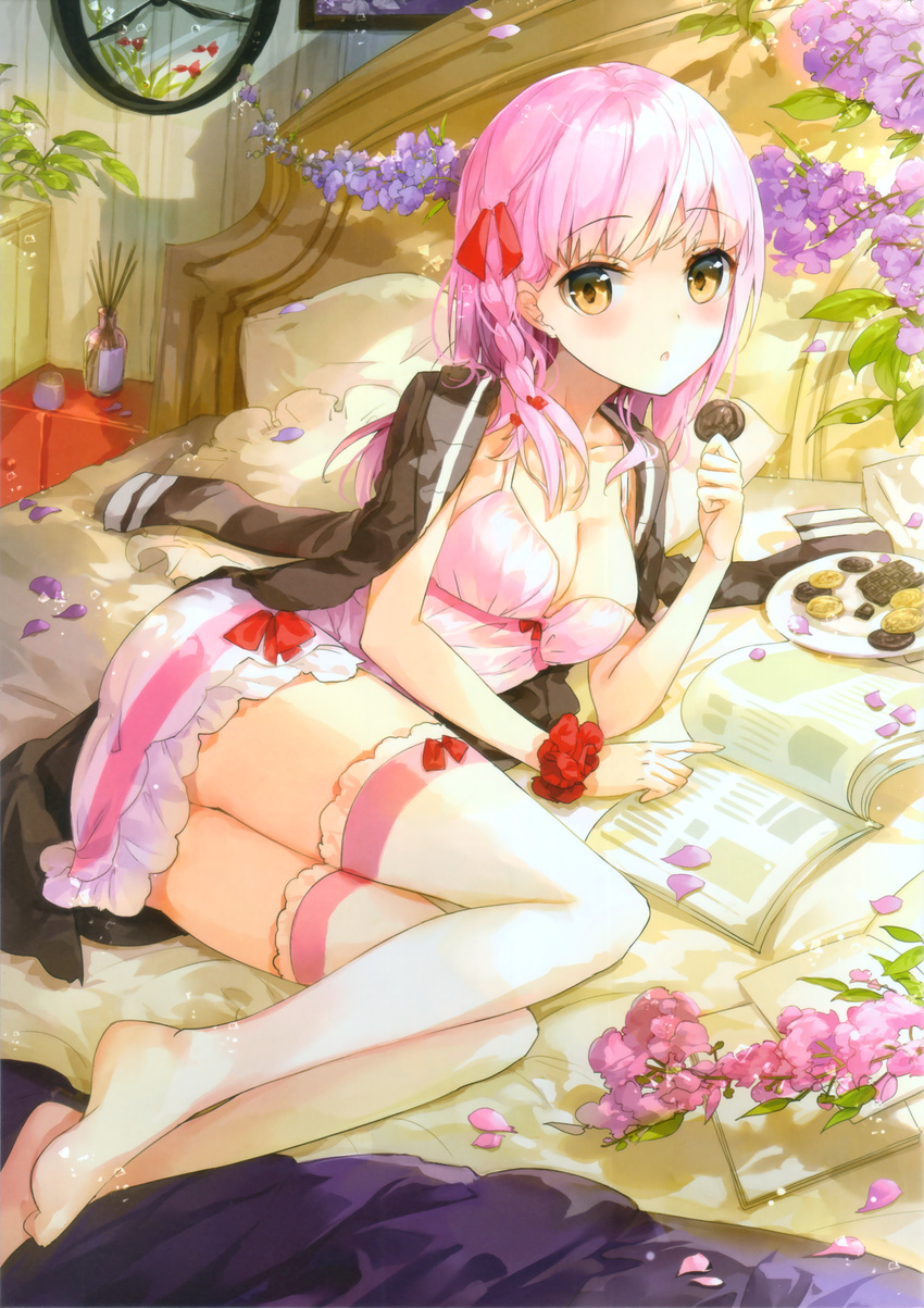 :o absurdres air_bubble ass bangs bed bed_sheet blush bottle bow bow_legwear braid breasts bubble chemise cleavage collarbone eyebrows_visible_through_hair flower food frilled_pillow frills fuumi_(radial_engine) hair_ribbon hand_up highres holding holding_chocolate holding_food jacket jacket_on_shoulders leaf legs_together lingerie long_hair looking_at_viewer lying medium_breasts nightgown no_shoes notebook on_bed on_side open_clothes open_jacket open_mouth original petals pillow pink_hair plate red_bow red_ribbon ribbon scrunchie side_braid solo thighhighs underwater underwear white_legwear wrist_scrunchie yellow_eyes