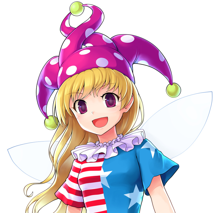 american_flag_dress bangs blonde_hair breasts clownpiece commentary_request ebizome fairy_wings hat highres jester_cap long_hair looking_at_viewer medium_breasts neck_ribbon polka_dot purple_eyes ribbon short_sleeves simple_background smile solo star star_print striped touhou upper_body white_background wings