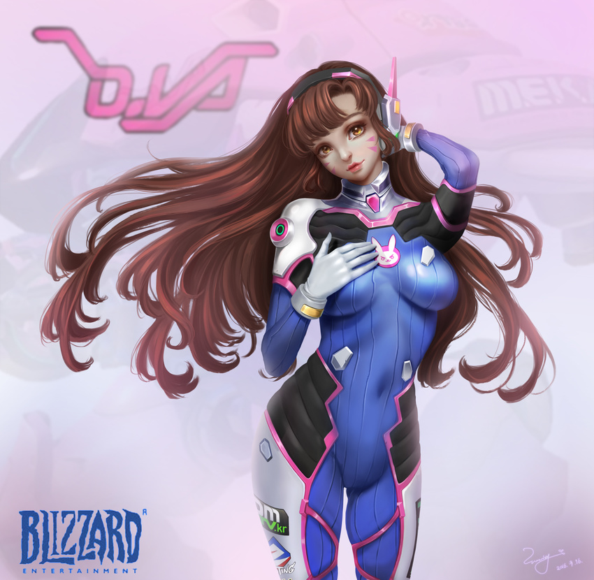 2016 absurdres acronym animal_print ass_visible_through_thighs bangs blizzard_(company) blue_bodysuit bodysuit boots bracer breasts breasts_apart brown_eyes brown_hair bunny_print character_name charity_chan closed_mouth covered_navel cowboy_shot d.va_(overwatch) dated emblem eyelashes facepaint facial_mark gloves hand_on_breast hand_on_own_chest hand_on_own_head hand_to_head hands_up headphones high_collar highres large_breasts legs_apart lipstick logo long_hair looking_at_viewer makeup mecha medium_breasts meka_(overwatch) overwatch pauldrons pilot_suit pink_lips pink_lipstick ribbed_bodysuit shiny shiny_clothes shoulder_pads signature skin_tight skindentation solo swept_bangs thigh_boots thigh_strap thighhighs whisker_markings white_footwear white_gloves