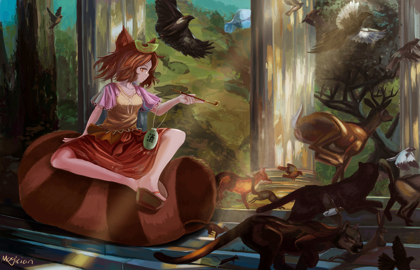 animal animal_ears artist_name bird brown_hair cougar_(animal) deer english fox frown futatsuiwa_mamizou glasses highres kiseru leaf leaf_on_head magician_(china) pipe profile raccoon_ears raccoon_tail red_eyes revision sandals sitting sitting_on_own_tail solo squirrel sunlight tail touhou tree